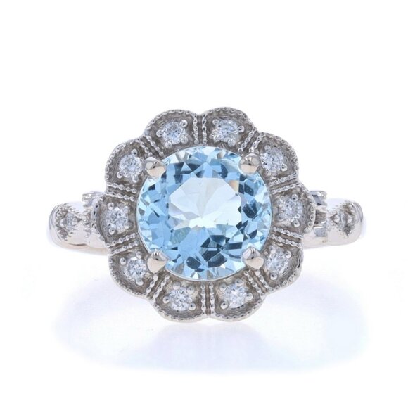 White Gold Aquamarine Diamond Halo Ring - 14k Round 1.86ctw Flower Milgrain